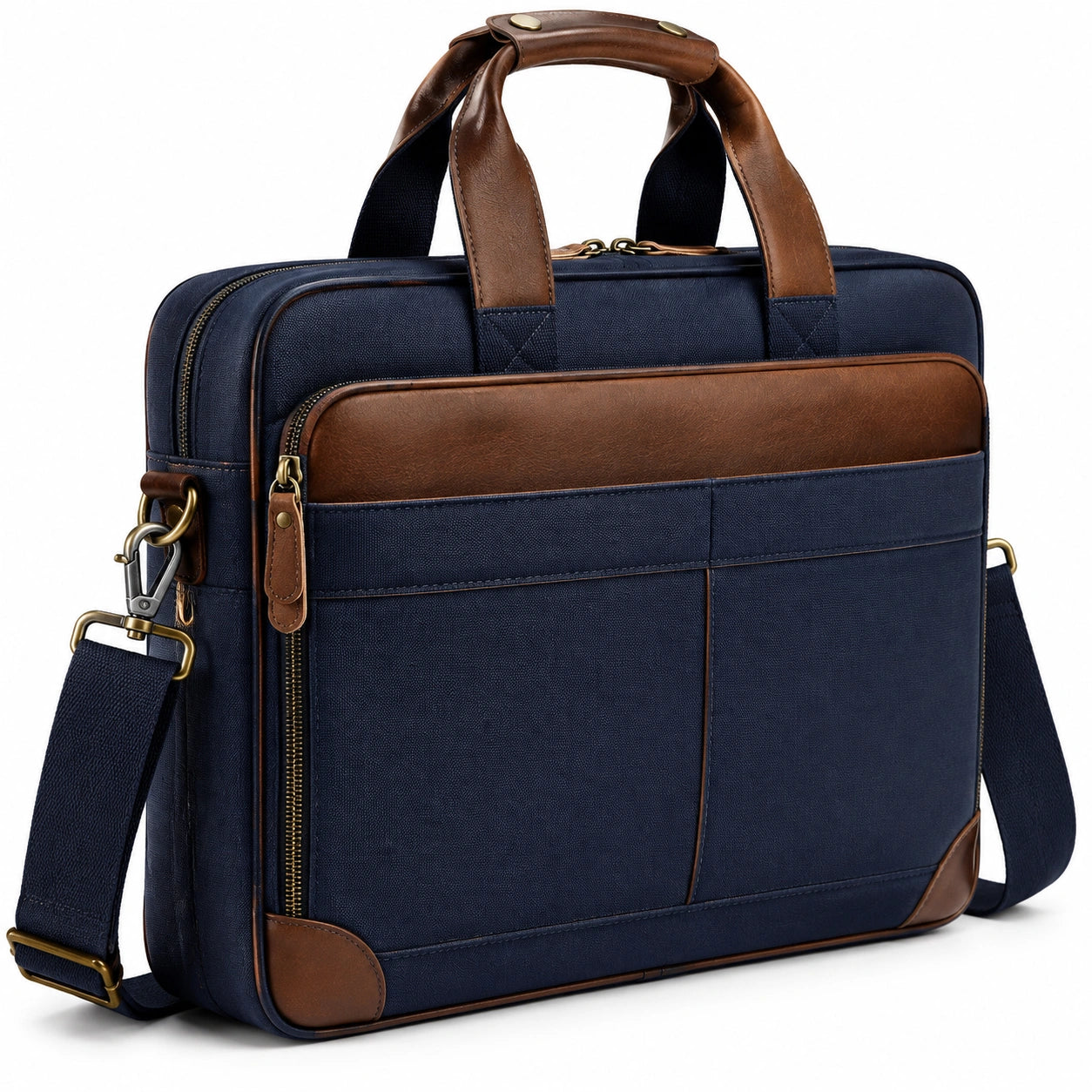 Laptoptasche 40 cm aus Textil und Kunstleder in Dunkelblau Braun mit Schultergurt