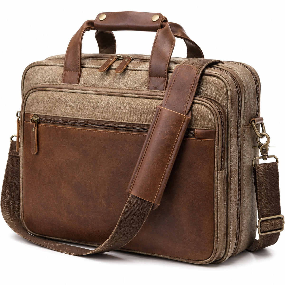 Aktentasche 40 x 30 x 12 cm aus Canvas und Kunstleder Braun Khaki mit Schultergurt