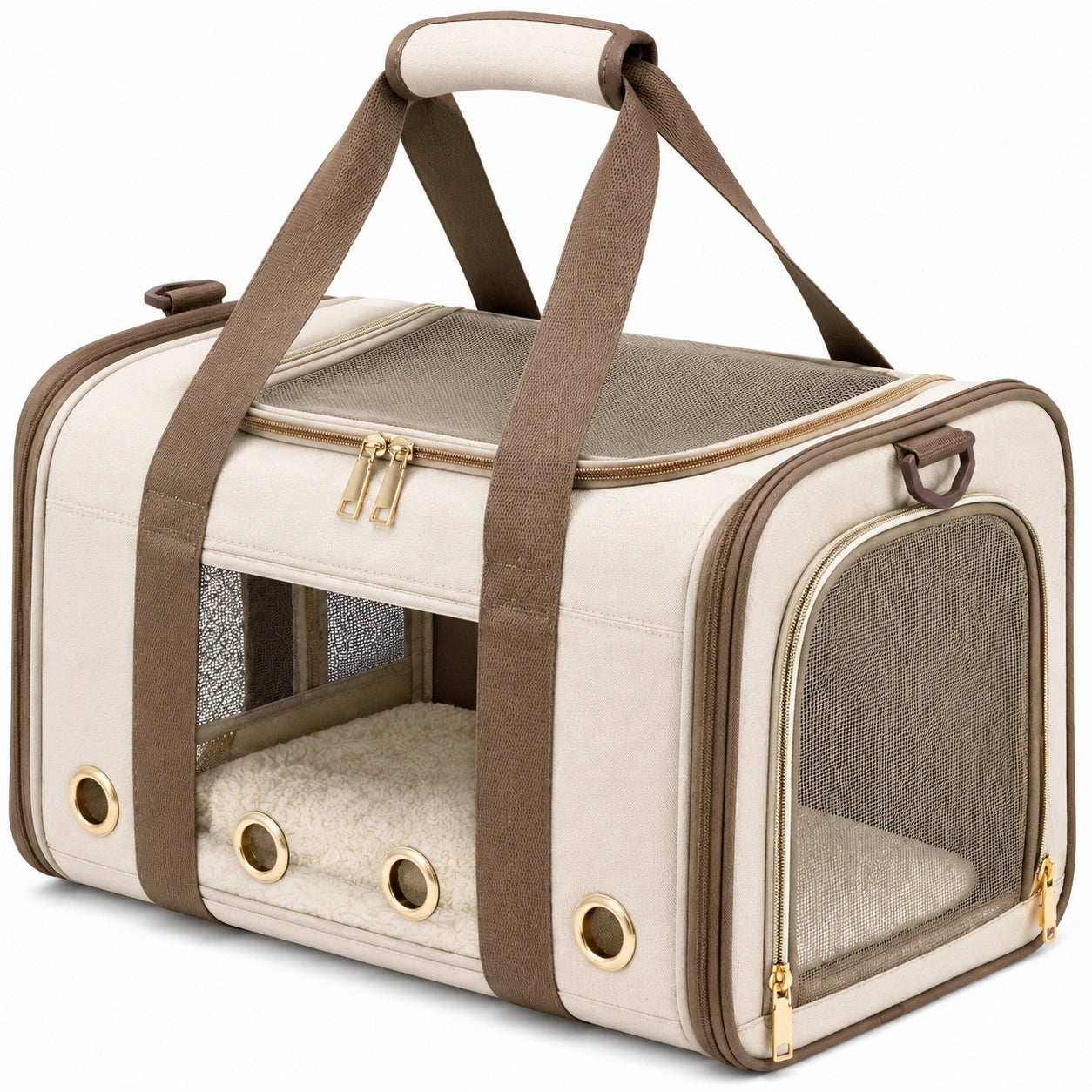 Haustier Transporttasche 45 x 28 x 30 cm aus Textil in Beige Braun mit Netzfenstern
