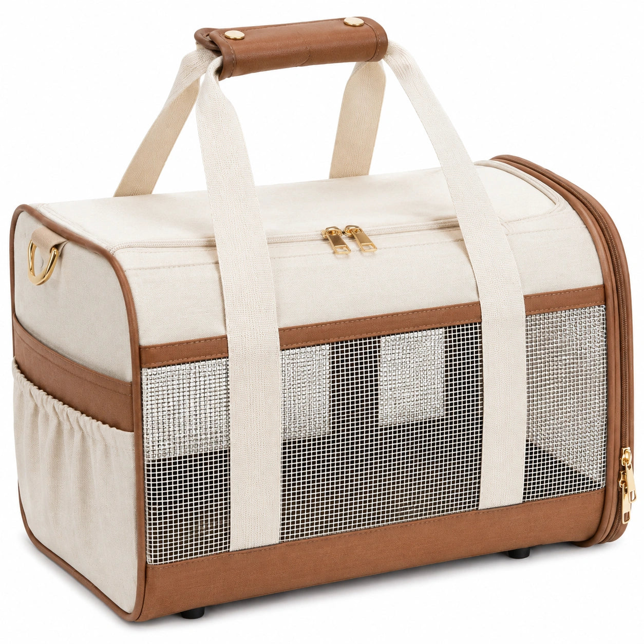 Haustier-Transporttasche 45 cm aus Textil in Creme/Braun mit Netzfenstern und Reißverschluss