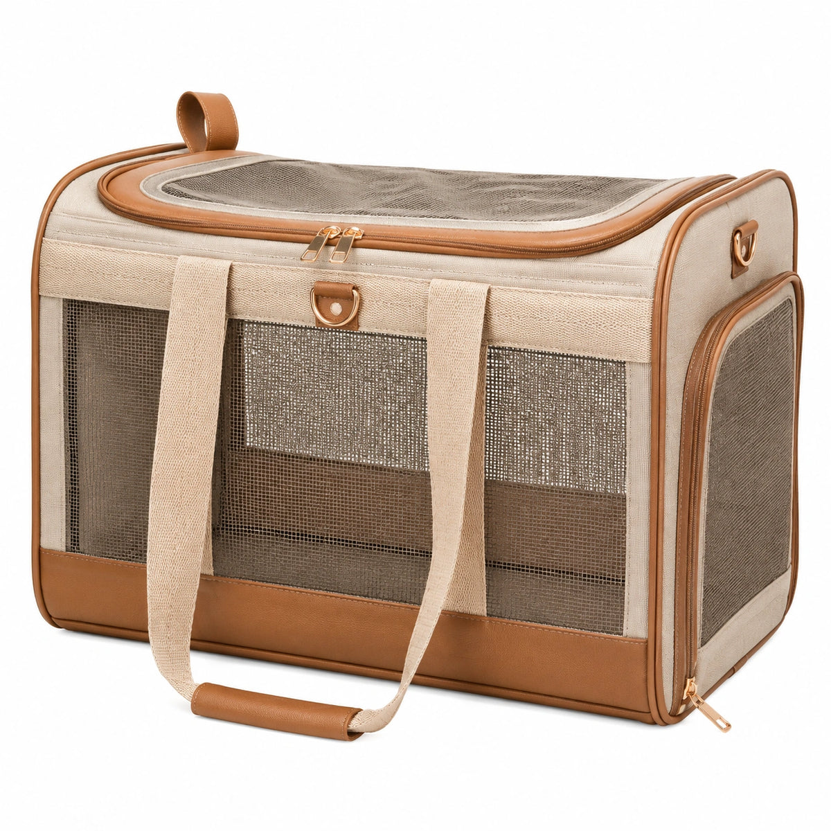 Haustier-Transporttasche 50 x 32 x 32 cm aus Textil in Beige/Braun mit Netzfenstern und Tragegurten