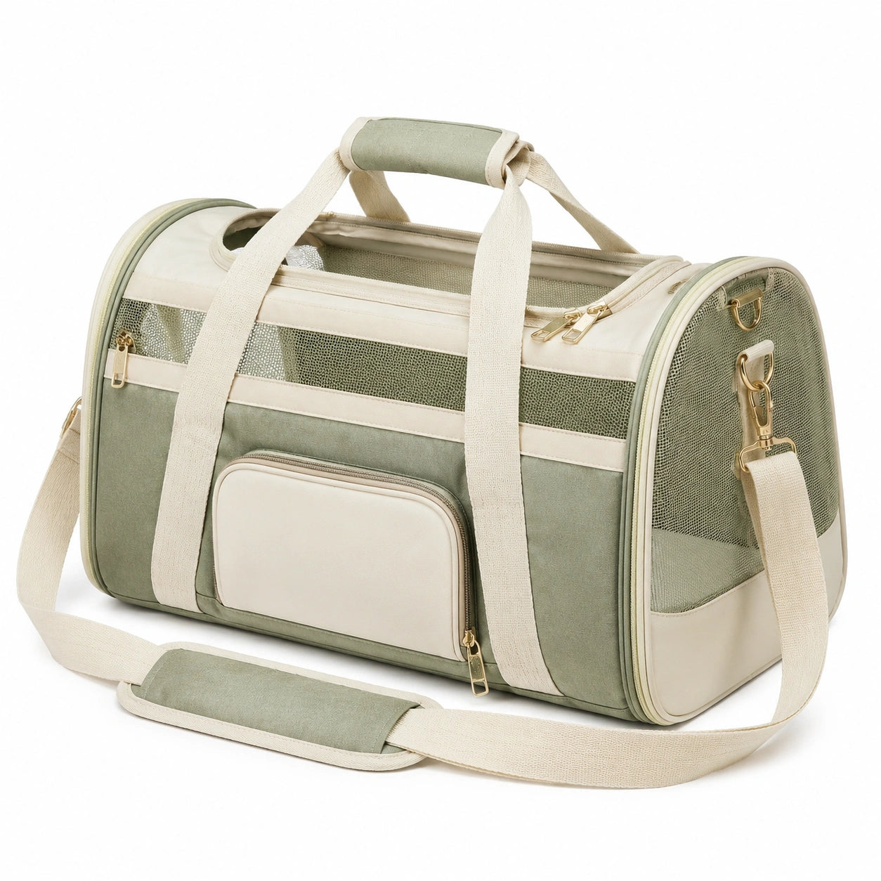 Transporttasche für Haustiere 45 x 28 x 30 cm aus Polyestergewebe in Salbeigrün Creme mit Netzfenstern