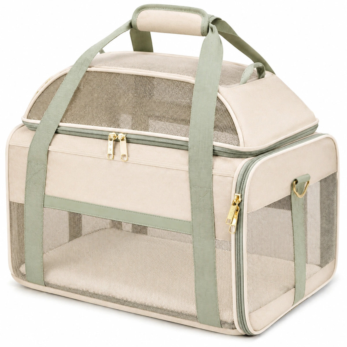 Haustier Transporttasche 45 x 28 x 30 cm Textil Beige Salbeigrün mit Netzfenstern und Reißverschluss