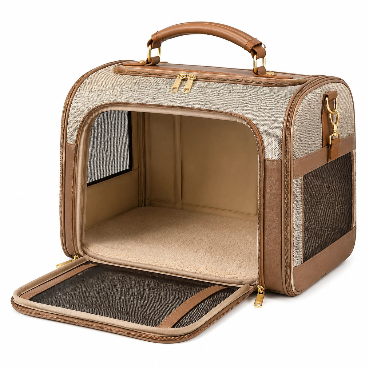 Transporttasche für Haustiere 45 x 30 x 30 cm Beige Braun Textil mit Netzfenstern und Tragegriff
