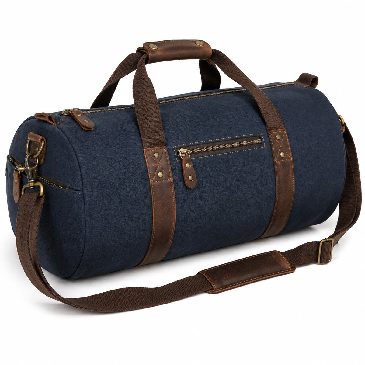Reisetasche 50 cm Canvas Dunkelblau Braun Zylinderform