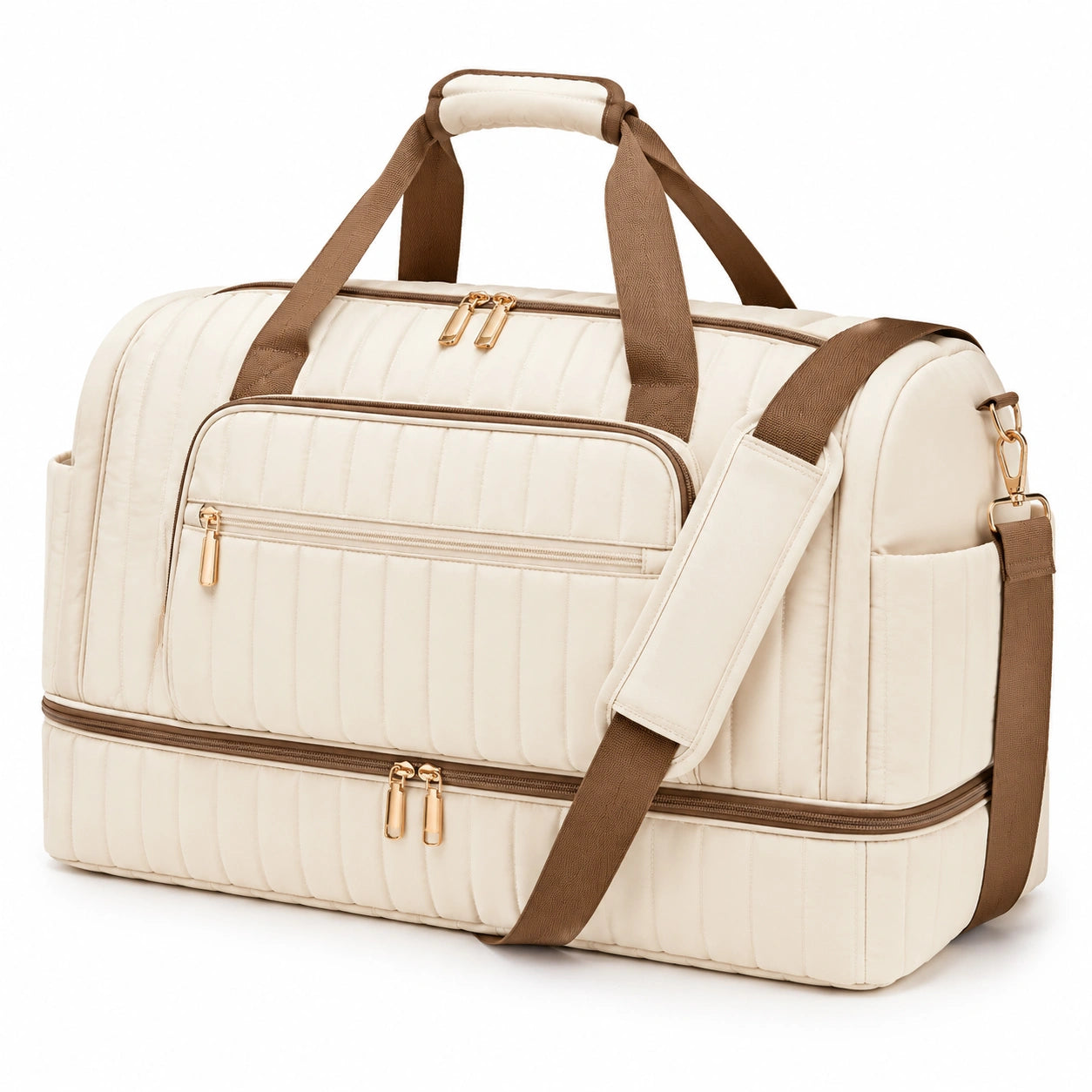 Reisetasche 50 cm aus Polyester in Creme/Braun mit Schuhfach und Schultergurt