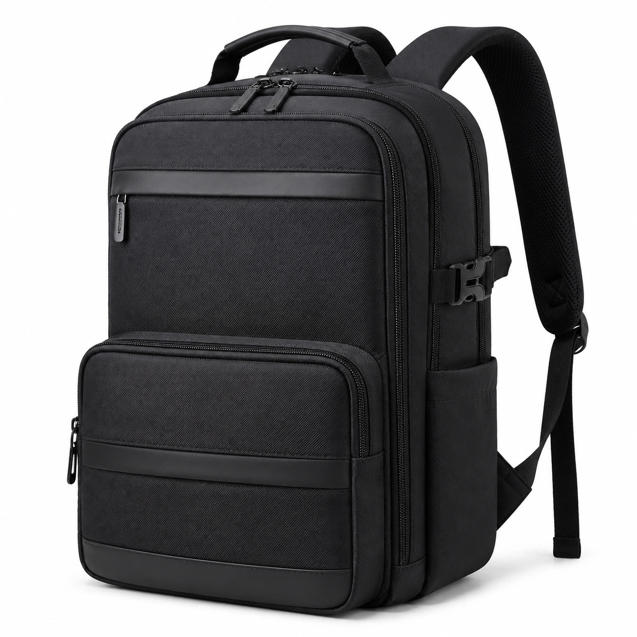 Laptoprucksack 30 x 18 x 46 cm aus schwarzem Textil mit Mehrfachfächern für Arbeit und Reise
