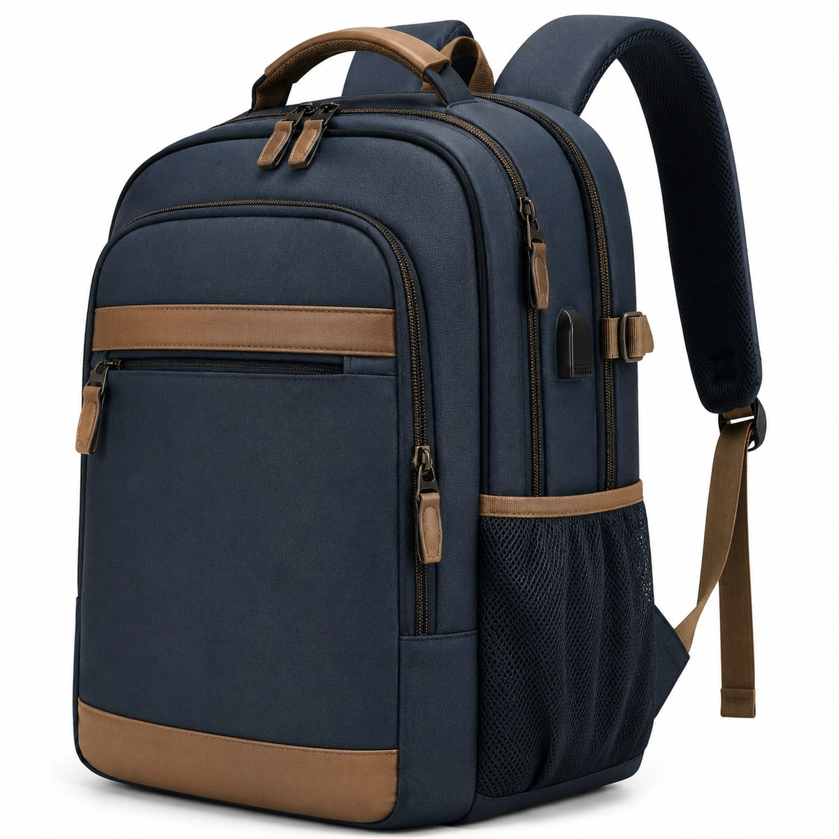Alltagsrucksack 30 x 18 x 45 cm aus Textilgewebe in Dunkelblau Braun mit Mehrfachfächern
