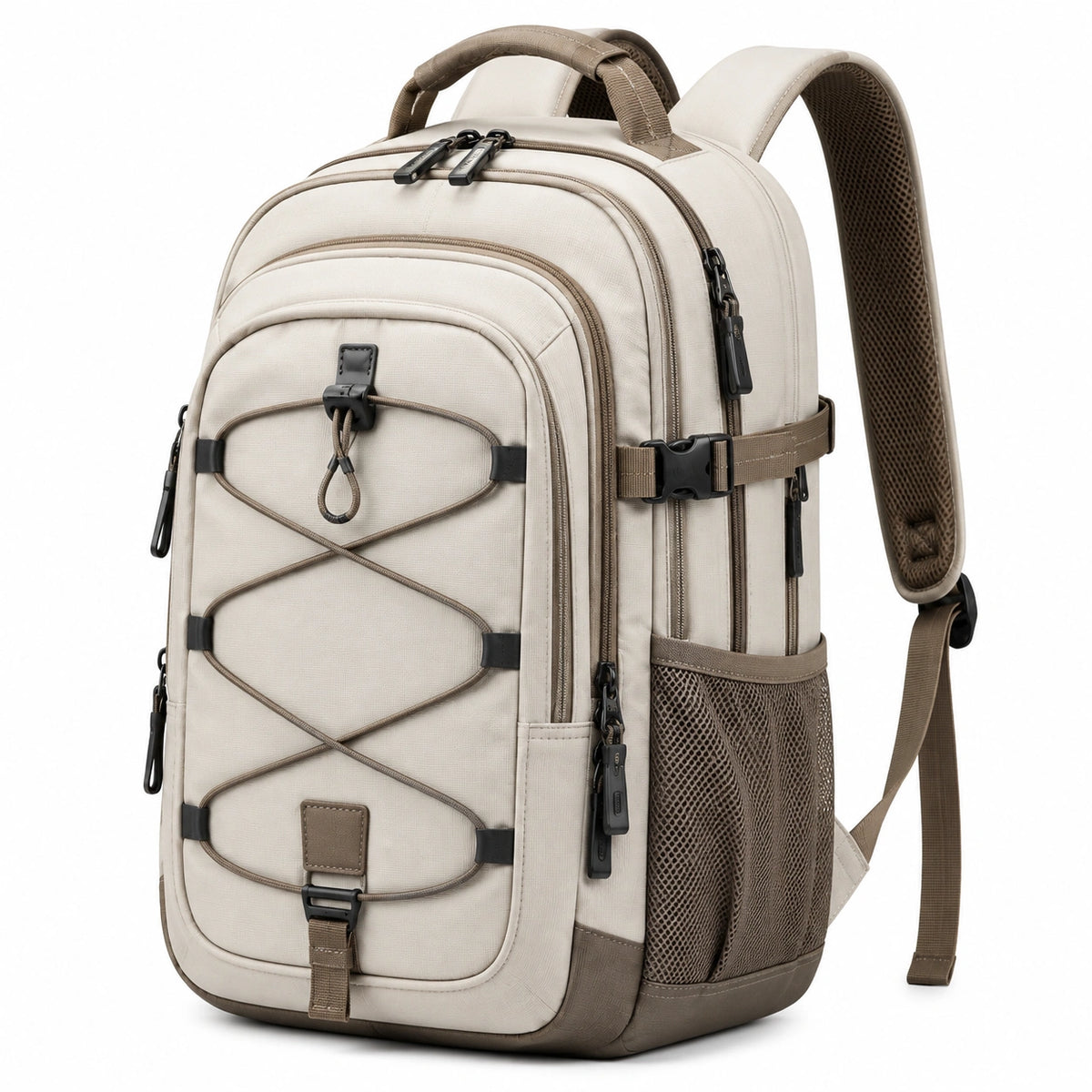 Rucksack 32 x 18 x 48 cm aus Textilgewebe in Beige Braun mit Mehrfachfächern für Alltag und Reisen