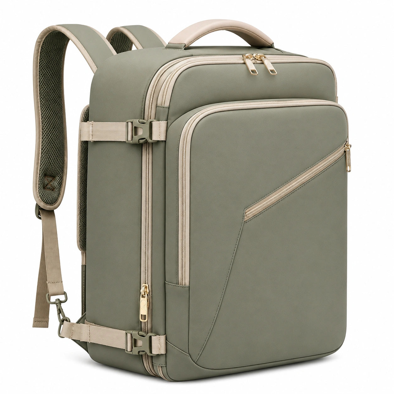 Rucksack 40 x 30 x 15 cm aus Kunstleder Olivgrün mit Mehrfachfächern für Reisen